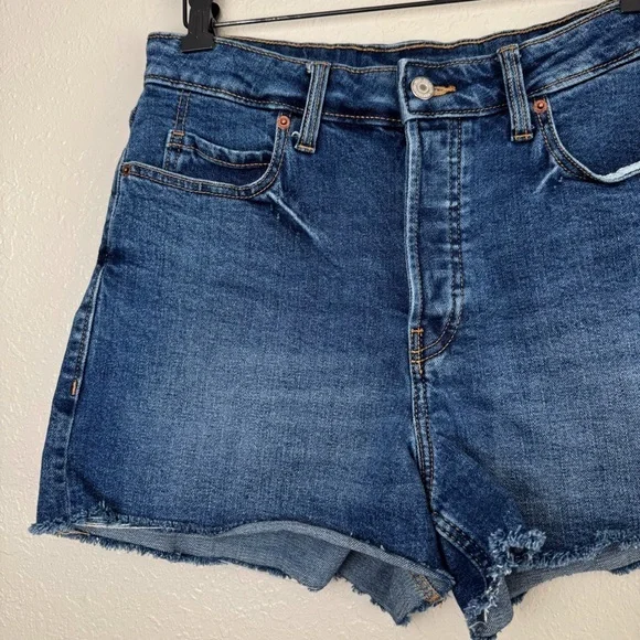 Old Navy higher high rise sky-hi A-line‎ raw hem denim jean shorts dark wash 8 - Picture 2 of 9